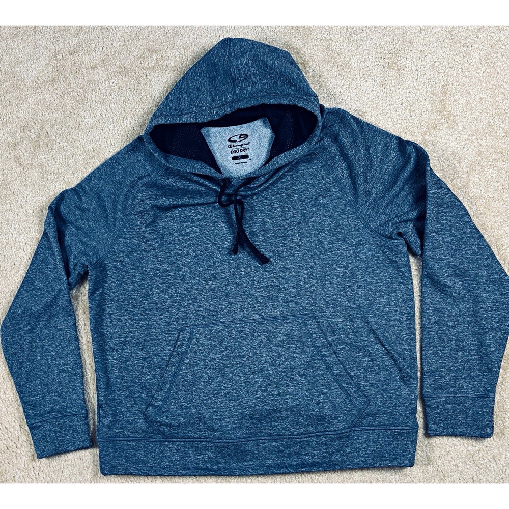 Champion Duo Dry Mens XL Gray Knit Polyester Pullover Hoodie Logo Drawstring